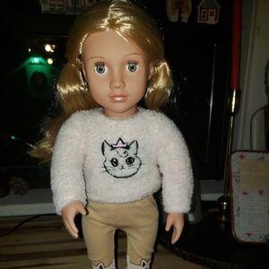 Blonde Doll with Cat Sweater and Tan Pants